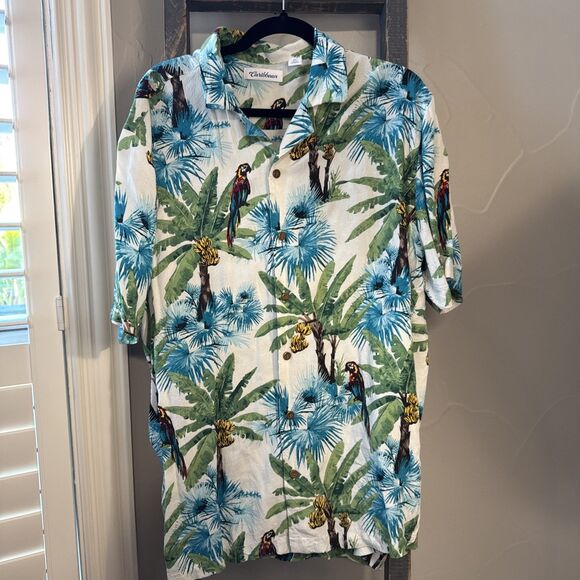 Caribbean Shirt XL White W/Palm Tree Parrot Tropical Button Up Short Sleeve Mens - Picture 1 of 5